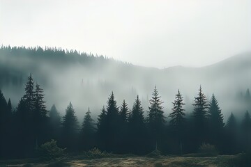 Forested mountain slope in low lying cloud with the conifers shrouded in mist in a scenic landscape