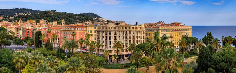 Fotobehang Nice Aerial panoramic view of Jardin Albert 1 garden, Old Town or Vielle Ville buildings and the Mediterranean Sea at sunset in Nice, South of France