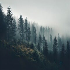 Forested mountain slope in low lying cloud with the conifers shrouded in mist in a scenic landscape