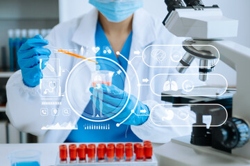 DNA molecule testing concepts. The doctor in a mask examines DNA molecules on the chemical...