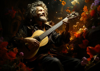 Obraz premium jolly bard playing acoustic guitar . generative ai