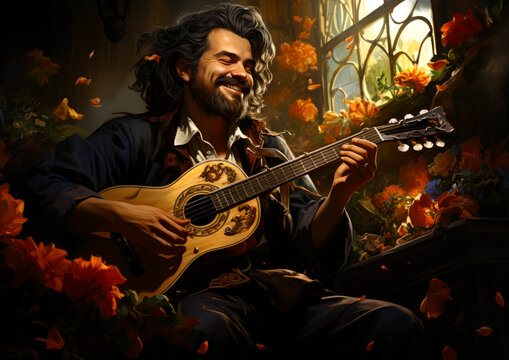 jolly bard playing acoustic guitar . generative ai