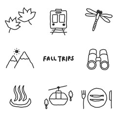 秋の旅行おしゃれな手書きモノクロアイコンイラストセット