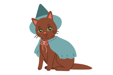 Halloween cat. Brown kitten in blue witch costume. Happy halloween costume illustration.