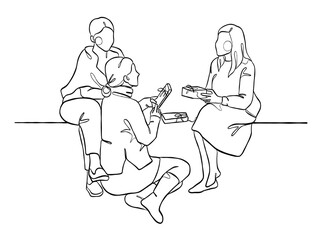 Continuous one line drawing of happy family on Christmas Day. Vector illustration.