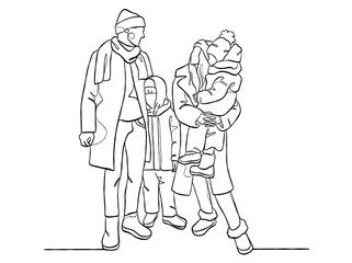 Continuous one line drawing of happy family on Christmas Day. Vector illustration.