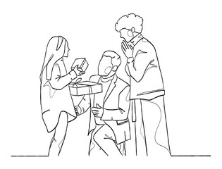 Continuous one line drawing of happy family on Christmas Day. Vector illustration.