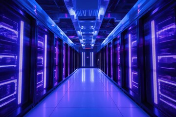 Cyberpunk pink and blue corridor in a server room background.