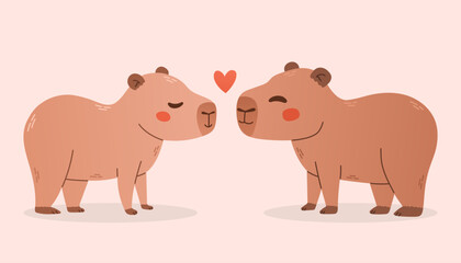 Capybaras in love. Vector illustration of two capibaras with heart on pink. Print for card, tshirt design, poster.