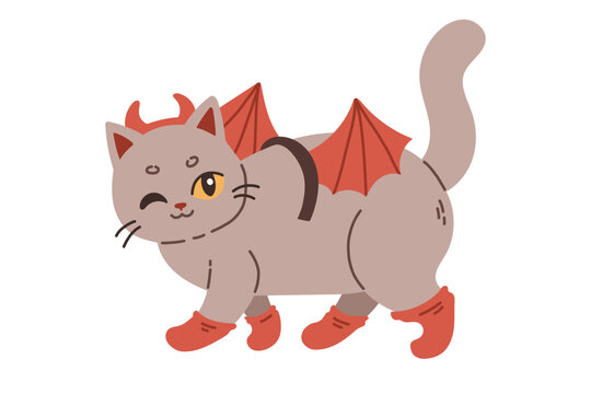 Halloween cat. Grey kitten in Dracula costume. Happy halloween costume illustration.