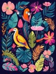  colorful pattern with tropical flowers, leaves, monkey, flamingo and birds. Brazil tropical pattern.  Rio de janeiro pattern, Generative AI 