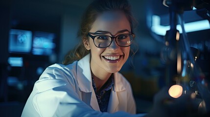 Smart beautiful woman working in a laboratory Use lab equipment, conduct experiments, study test samples. Happy female scientist looking at camera