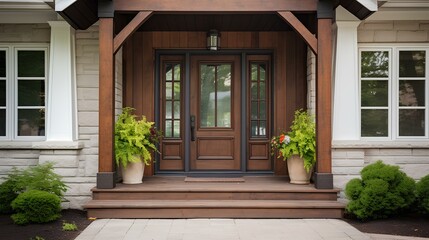 Main entrance door in house. Wooden front door with gabled porch and landing. Exterior of georgian style home cottage with columns and stone cladding. generative AI