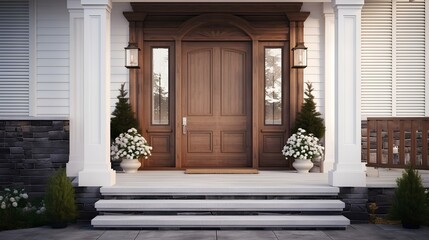 Main entrance door in house. Wooden front door with gabled porch and landing. Exterior of georgian style home cottage with columns and stone cladding. generative AI - obrazy, fototapety, plakaty