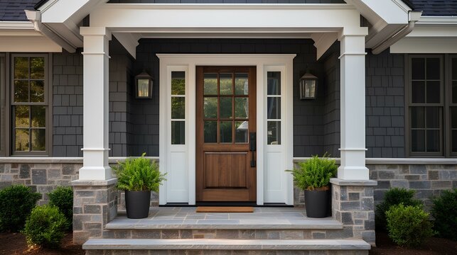 Main entrance door in house. Wooden front door with gabled porch and landing. Exterior of georgian style home cottage with columns and stone cladding. generative AI