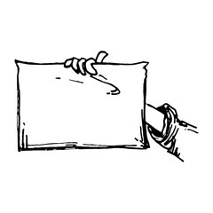 Black line drawing of hand holding up a protest sign.