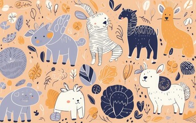 Abstract doodles. Baby animals pattern. Fabric pattern.  illustration with cute animals. Nursery baby pattern illustration, Generative AI 