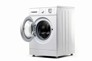 White Front Load Washing Machine Isolated on White Background. Modern Washer with Electronic Control Panel. Side View of Household and Domestic Major Appliance. Home Innovation. generative ai.