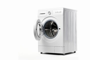 White Front Load Washing Machine Isolated on White Background. Modern Washer with Electronic Control Panel. Side View of Household and Domestic Major Appliance. Home Innovation. generative ai. - obrazy, fototapety, plakaty