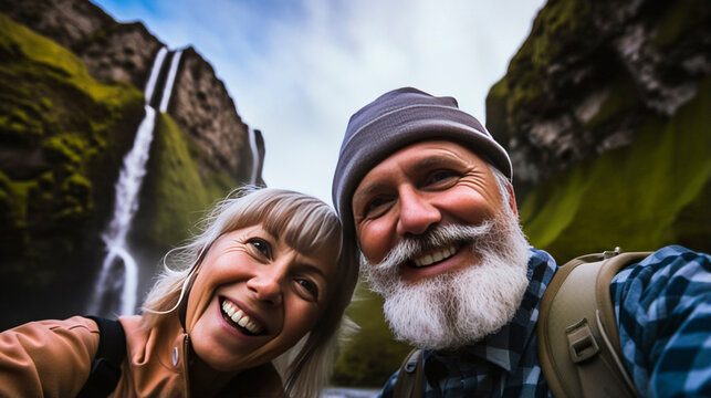 Elderly couple visiting national park taking selfie picture in front of waterfall - Traveling life style concept with senior couple enjoying freedom in the nature