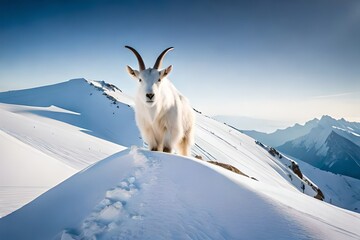mountain goat in the snow - obrazy, fototapety, plakaty
