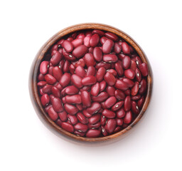 Top view of dried red kidney beans in wooden bowl