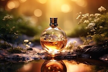 Perfume bottle on gold black background