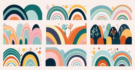 Decorative abstract art collection with modern rainbows. Hand-drawn modern  illustration. Trendy colorful fresh summer decorative collection, Generative AI 