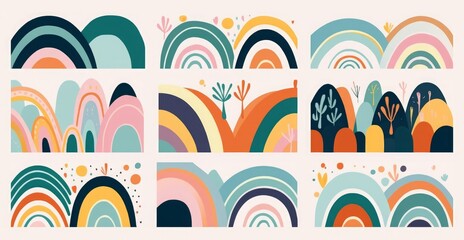 Obraz premium Decorative abstract art collection with modern rainbows. Hand-drawn modern illustration. Trendy colorful fresh summer decorative collection, Generative AI 