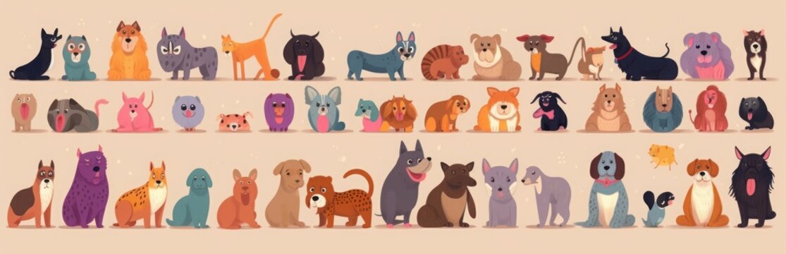 Huge colourful cartoon  collection with cute dogs.  set of different dog breeds, Generative AI