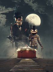 Circus tent and scary horror characters