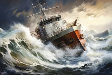  A cargo or fishing ship is caught in a severe storm. Ship at sea on big waves. The threat of shipwreck. Element in the ocean. The hard work of a sailor. © Anoo