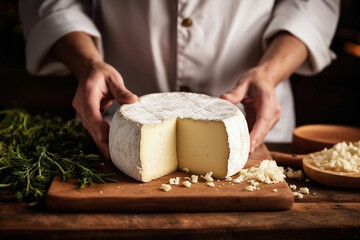 A person cutting cheese on a cutting board. Farmer or chef makes cheese slice.