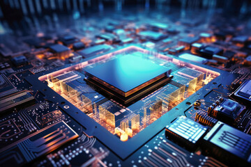 Fototapeta premium A powerful computer processor or chip on a motherboard. Modern technologies. Blue background.