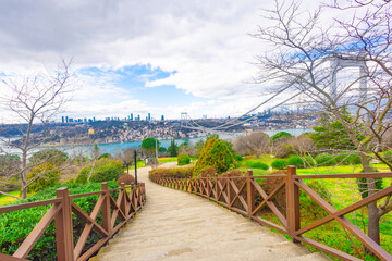 Fototapeta na wymiar Fatih Sultan Mehmet Bridge view from Otagtepe Park in Istanbul