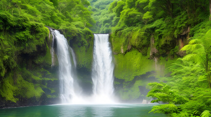 Fototapeta na wymiar Ethereal Beauty Unveiled: A Captivating Photograph of a Majestic Waterfall Cascading Amidst a Verdant Paradise, a Nature Lover's Dream Come True