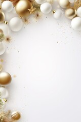 Christmas and holiday banner. New Year. Christmas. decor on light background. white and gold balls. Winter holiday theme. copy space. top view