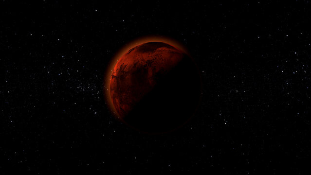 Mars in Space - Zoomed in Footage of Mars reflecting Sunshine. the Mars shining with small star. Shining Mars in Space. illustration background.