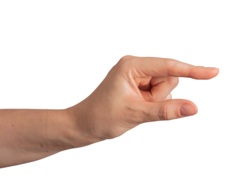Index finger and thumb gesture showing something small, little bit amount, isolated on hwite