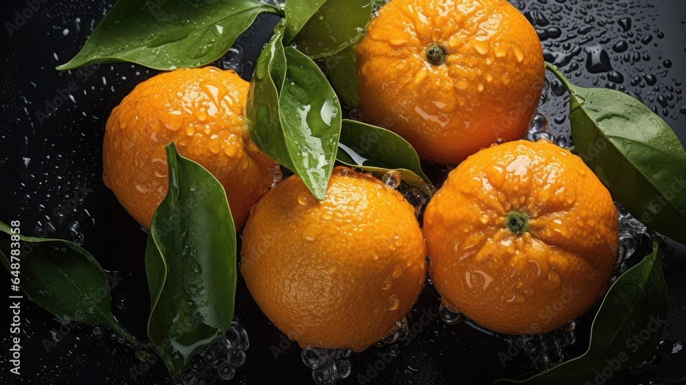 Wall mural tangerines orange in a glass with water splash on black background. - Wall murals