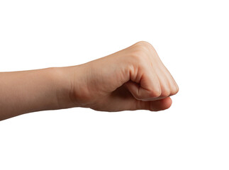 Fist outstretched forward, side view, isolated on white background