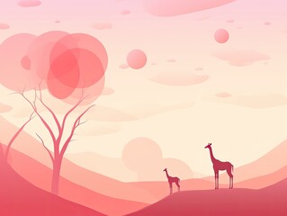 two giraffes in the mountains background illustration