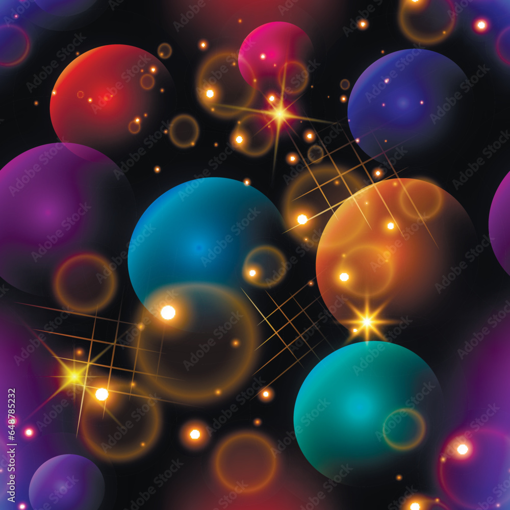 Wall mural 3d spheres vibrant glowing seamless pattern. glow space background with gold shiny stars. repeat ill