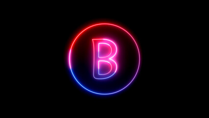 Glowing neon font. Blue, pink and red color glowing neon letter. Glowing neon line in a circular path around the B alphabet.