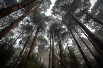 Looking up at towering trees in foggy forest. Misty woodland scene. Nature and tranquility concept. Suitable for design and print, poster, wallpaper, environmental awareness