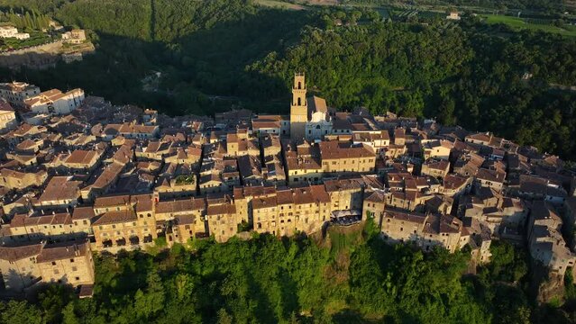 Pitigliano, Tuscany, aerial view of the medieval town at sunset, in the province of Grosseto, Italy