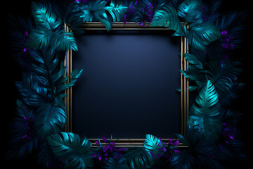 neon frame with tropical leaves on a dark background with copy space - obrazy, fototapety, plakaty