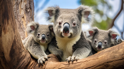 A group of funny koalas close-up