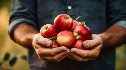 Close up of hands showing fresh apples during autumn from a apple tree. Farmer picking apples with his bare hands. Harvesting fruit, apples. Healthy food. - obrazy, fototapety, plakaty