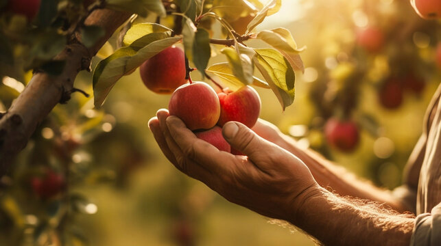 Close up of hands collecting fresh apples during autumn from a apple tree. Farmer picking apples with his bare hands. Harvesting fruit, apples. Healty food.